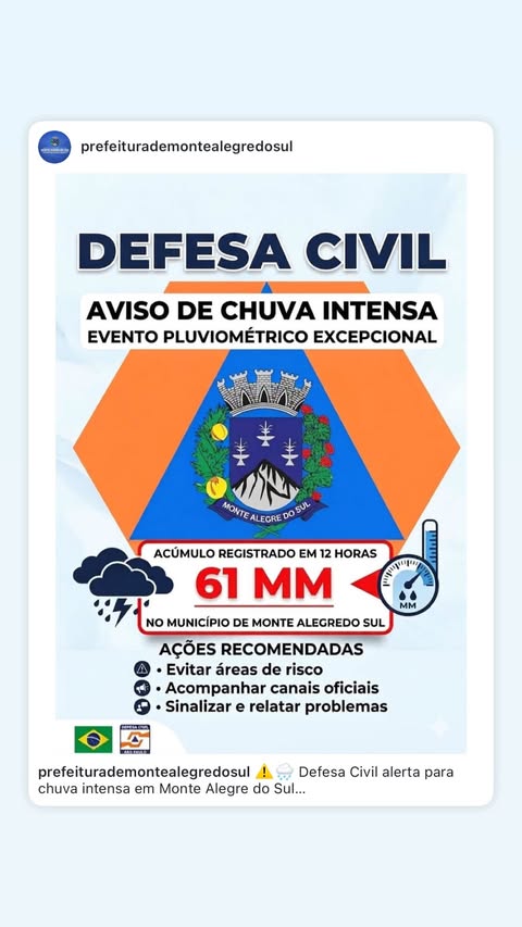 Post do instagram da Prefeitura de Monte Alegre do Sul