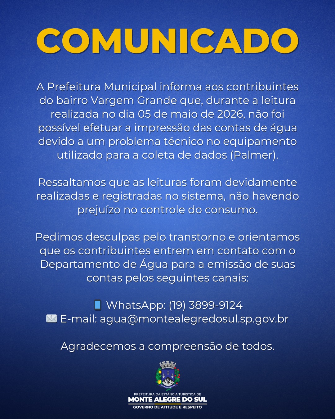 Post do instagram da Prefeitura de Monte Alegre do Sul
