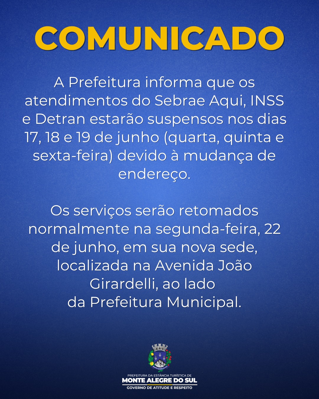 Post do instagram da Prefeitura de Monte Alegre do Sul